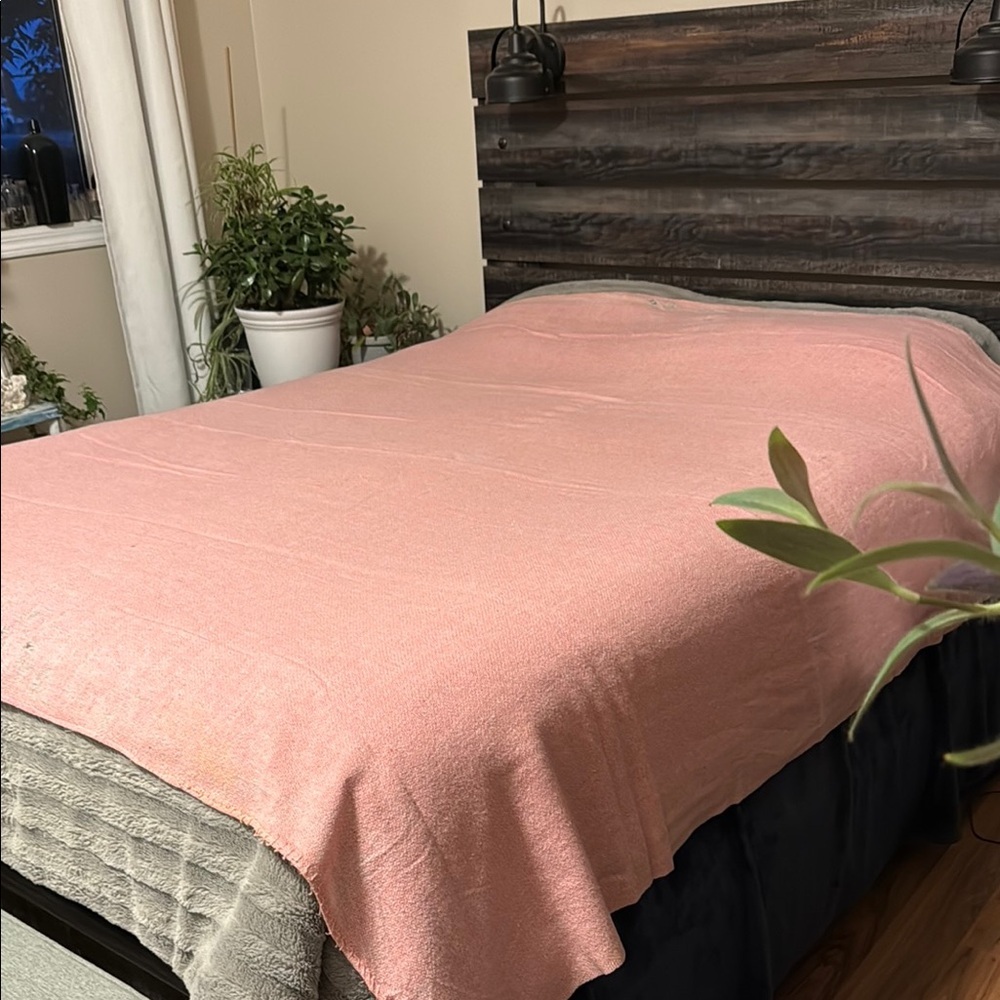 Wool Pink vintage Bedding Blanket 81” x79” not in perfect condition but OLD!